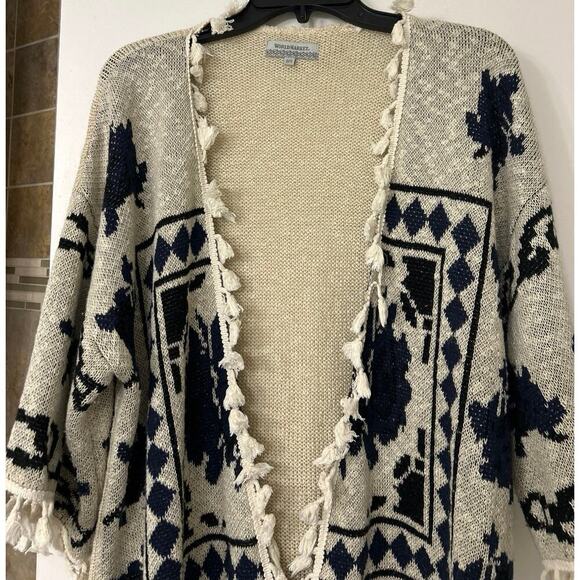 World Market Cream & Navy Blue Fringe Open Front 3/4 Sleeve Boho Cardigan O/S - Picture 4 of 11